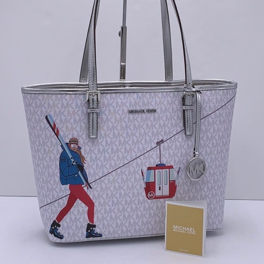 Michael Kors Signature Jet Set Girls Medium Carryall Tote Bright White Multi - Picture 1 of 16